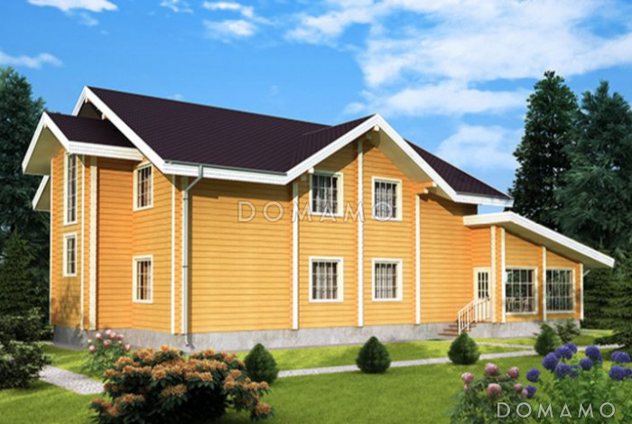 Проект дома из клееного бруса с большой террасой и зимним садом