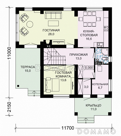 Проект загородного дома с панорамным окном в гостиной / План 1 этажа