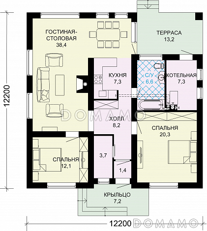 Проект одноэтажного дома в современном стиле из СИП панелей с двумя спальнями / План 1 этажа