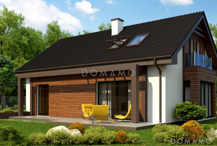 Проект классического мансардного дома из кирпича с дополнительной спальней на первом этаже,с эркером и с деревянными фасадами