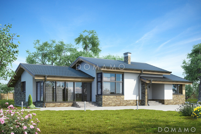 Проект одноэтажного дома с просторной кухней-столовой, кабинетом, кладовыми