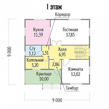 Проект каркасного дома с удобной планировкой и большим балконом / План 1 этажа