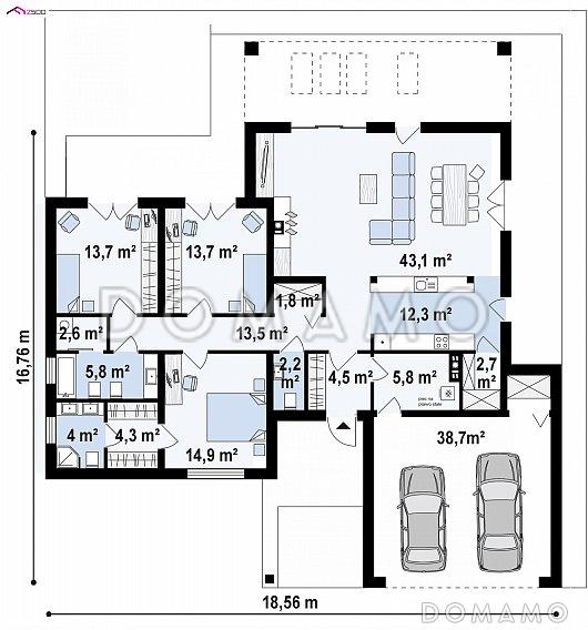 Проект одноэтажного просторного дома из газобетона с отрытой террасой и гаражом для двух автомобилей  / План 1 этажа