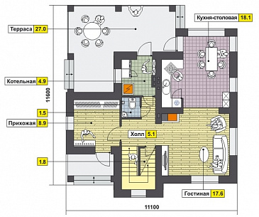 Проект дома с большой крытой террасой, просторной прихожей, ванной с окном на втором этаже / План 1 этажа