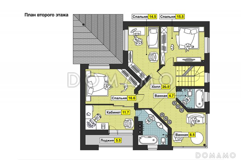Проект квадратного загородного дома с большой гостиной, кухней-столовой, двумя террасам, комнатой с видовым окном / План 2 этажа