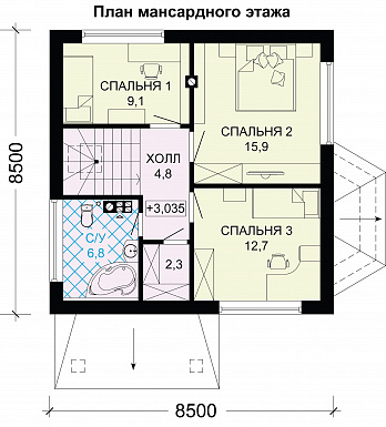 Проект дома из газобетона с тремя небольшими спальнями на мансардном этаже / План мансардного этажа
