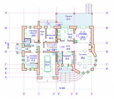 Проект коттеджа с круглой двусветной гостиной и гаражом / План 1 этажа