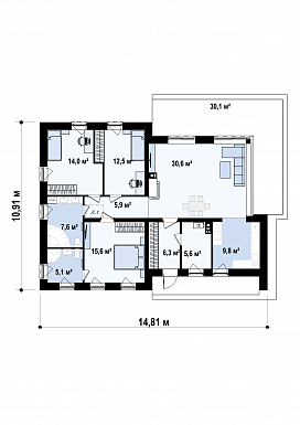 Проект современного одноэтажного дома с плоской крышей из газобетона с тремя спальнями и панорамным остеклением гостиной  / План 1 этажа