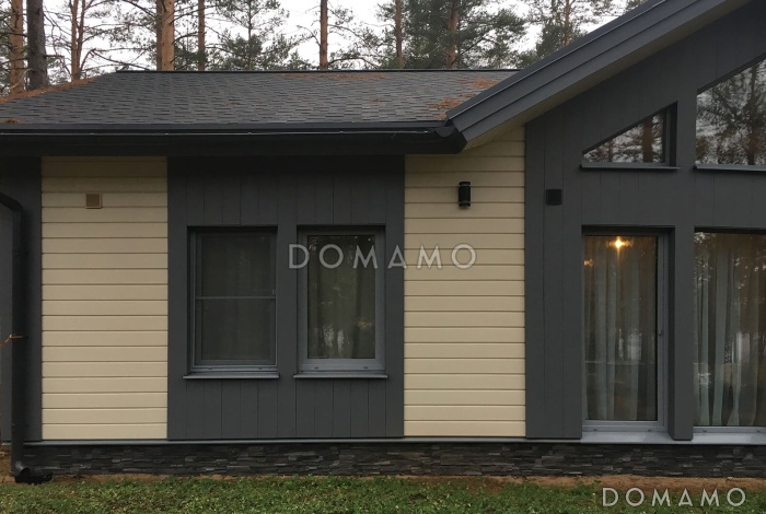 Проект скандинавского дома из газобетона с большой гостиной, крытой террасой и двумя спальнями