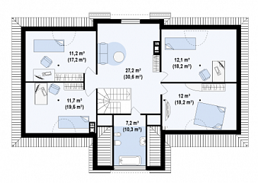 Проект просторного одноэтажного мансардного дома из газобетона с барбекю на крытой угловой террасе / План мансардного этажа