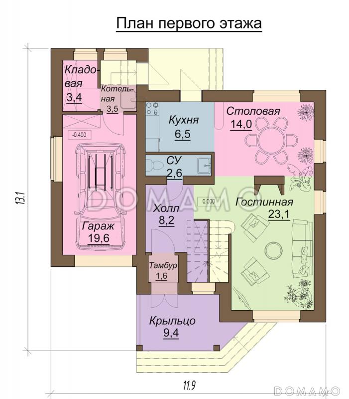 Проект одноэтажного дома с мансардным этажом и встроенным гаражом / План 1 этажа