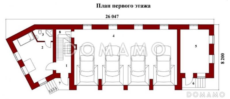 Проект гаража для четырех автомобилей с комнатой отдыха и санузлом / План 1 этажа