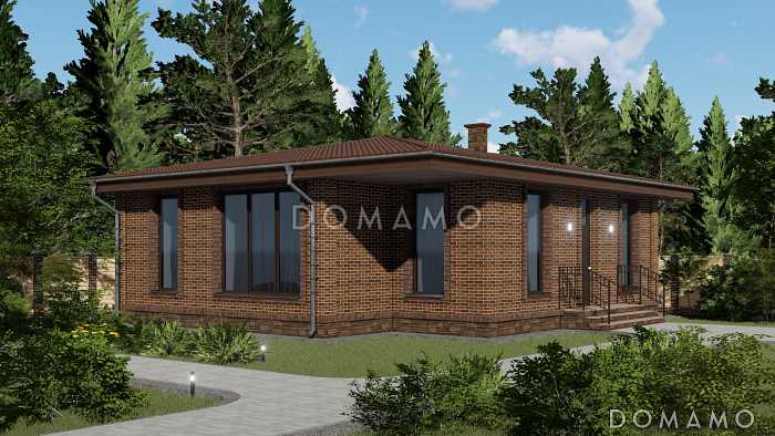 Проект одноэтажного дома с высокими окнами и просторной кухней-гостиной