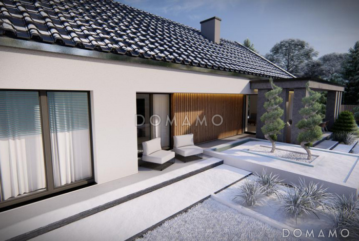 Проект современного одноэтажного дома с гаражом на две машины, кухней по одной стене с кладовой, кабинетом