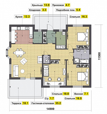 Проект среднего одноэтажного дома из газобетона / План 1 этажа