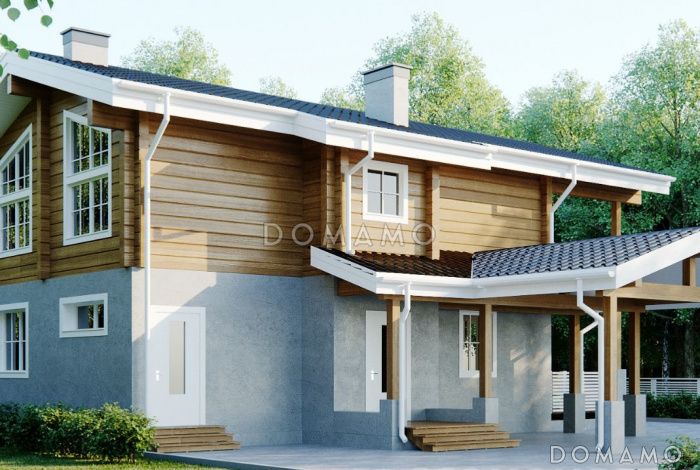 Проект современного дома из клееного бруса с просторным балконом на втором этаже