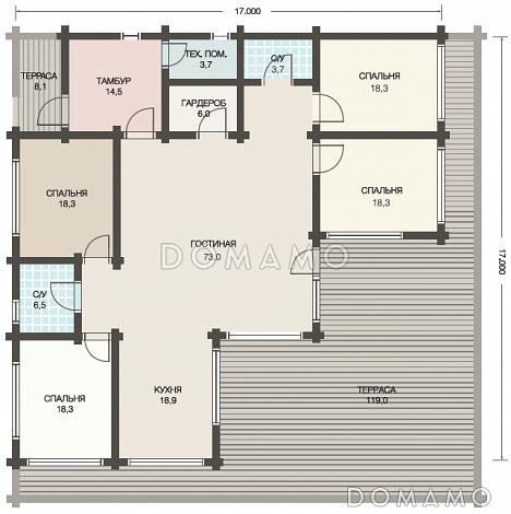 Проект дома из клееного бруса с просторной террасой площадью более 100 кв.м. / План 1 этажа