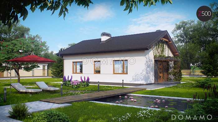 Проект компактного одноэтажного дома из кирпича с двумя спальнями, изолированной кухней и торцевым входом