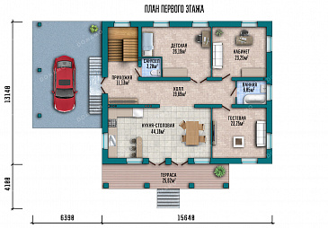 Проект дома с сауной в цокольном этаже, навесом для машины и гостиной на мансарде / План 1 этажа
