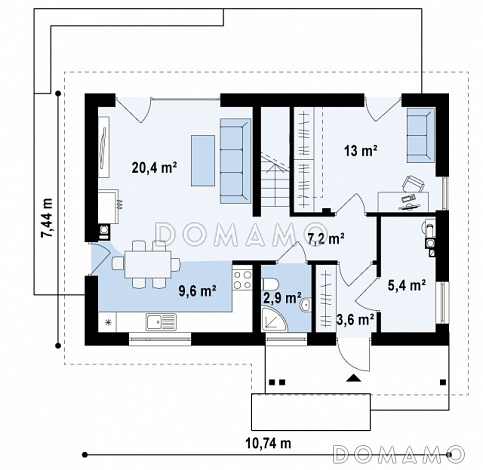 Проект одноэтажного мансардного дома из кирпича с кабинетом, тремя спальнями и хозяйской гардеробной / План 1 этажа