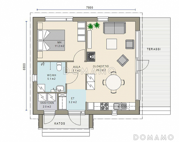 Проект каркасного дома с открытой террасой / План 1 этажа