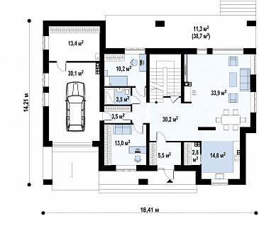 Проект двухэтажного дома с подвалом, гаражом, двумя спальнями на первом этаже, мастер-спальней на втором этаже / План 1 этажа