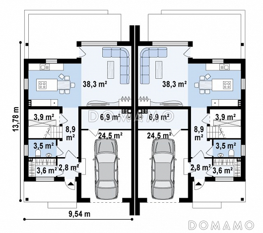 Проект мансардных домов-близнецов из газобетона с гаражом и слуховым окном / План 1 этажа