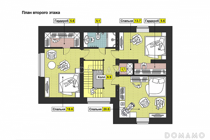 Проект дома с гаражом, мансардными и круглыми окнами, тремя спальными на мансардном этаже / План мансардного этажа