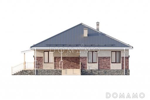 Проект одноэтажного дома с комбинированной отделкой фасадов кирпичом разных тонов, большой террасой под одной кровлей с домом и удобной планировкой для семьи с детьми / Фасад 4