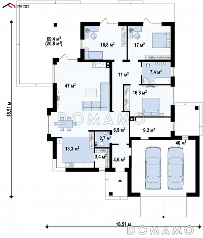 Проект одноэтажного просторного дома из газобетона с крытой террасой, эркером и гаражом для двух автомобилей  / План 1 этажа