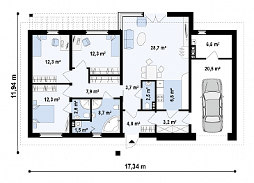 Проект одноэтажного дома из газобетона с прямоугольным эркером в современном архитектурном исполнении и со встроенным гаражом / План 1 этажа
