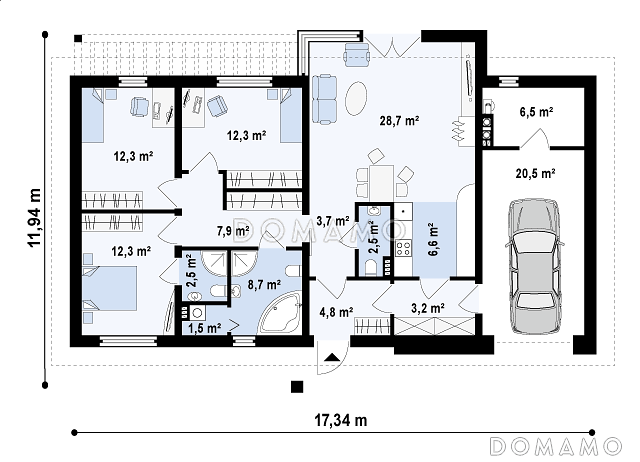 Проект одноэтажного дома из газобетона с прямоугольным эркером в современном архитектурном исполнении и со встроенным гаражом / План 1 этажа
