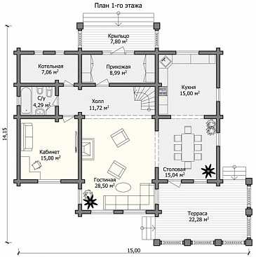 Проект дома из бревна со вторым светом который украшает общий вид из холла / План 1 этажа