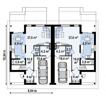 Проект мансардных домов-близнецов из газобетона с гаражом и французскими балконами / План 1 этажа