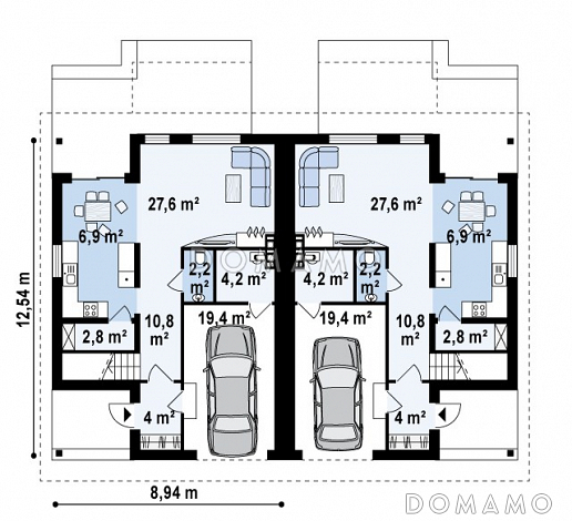 Проект мансардных домов-близнецов из газобетона с гаражом и французскими балконами / План 1 этажа
