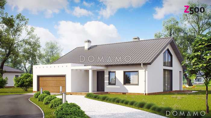 Проект одноэтажного дома из газобетона с антресолью в гостиной, со свободной планировкой мансардного этажа и гаражом 