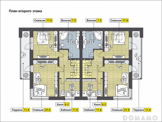 Проект дома на две семьи с террасой, котельной, кухней-столовой и большой гостиной, кабинетом / План мансардного этажа