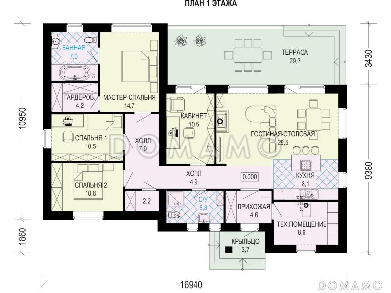 Проект одноэтажного дома с плоской крышей и длинной террасой / План 1 этажа