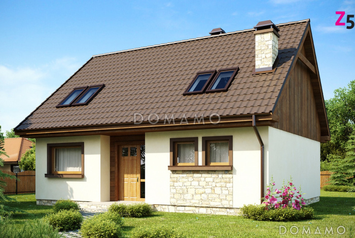 Проект одноэтажного мансардного дома из газобетона с кабинетом, тремя спальнями и эркером в гостиной