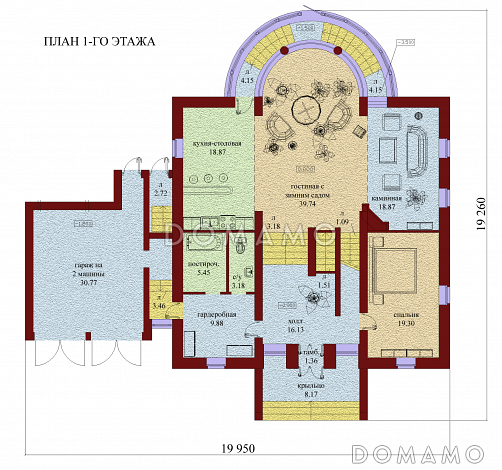 Проект одноэтажного дома с мансардой, цоколем и чердаком, со стеклянным эркером / План 1 этажа