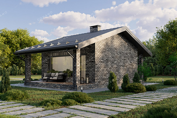 Проект компактной одноэтажной бани в классическом стиле с большой террасой, витражным остеклением и просторной комнатой отдыха