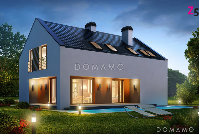 Проект одноэтажного мансардного дома из газобетона с прямоугольным выступом на втором уровне