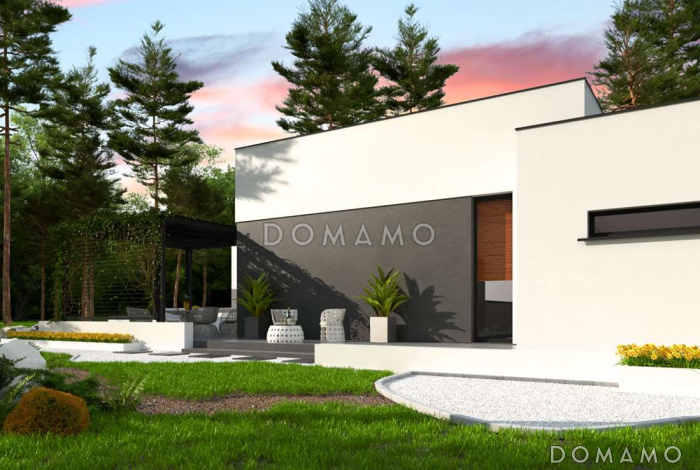 Проект просторного современного одноэтажного дома из кирпича с плоской крышей, с большой гостиной, террасой и гаражом