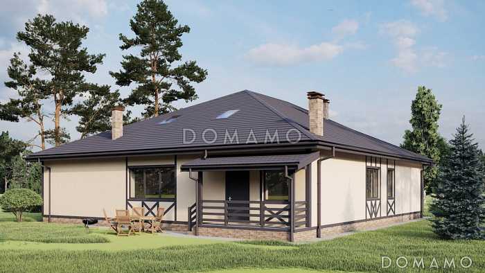 Проект одноэтажного дома с 3 спальнями, кабинетом и антресолью на чердаке