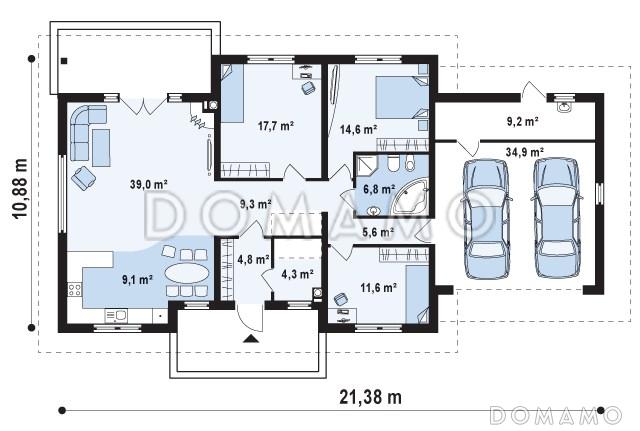 Проект одноэтажного дома из газобетона с тремя спальнями и гаражом на два автомобиля, с возможностью обустройства мансарды / План 1 этажа