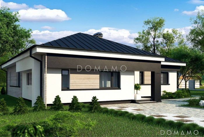 Проект загородного дома функциональной планировки с  большой гостиной и изолированной кухней с кладовой, просторной ванной