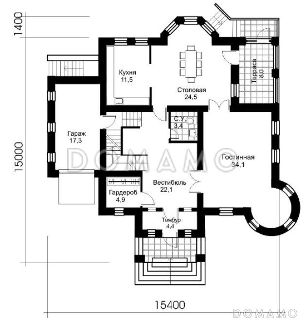 Проект дома из кирпича с зимним садом на втором этаже / План 1 этажа