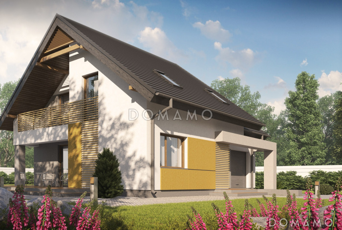 Проект одноэтажного мансардного дома из кирпича с большой гостиной, гаражом и частично крытой террасой