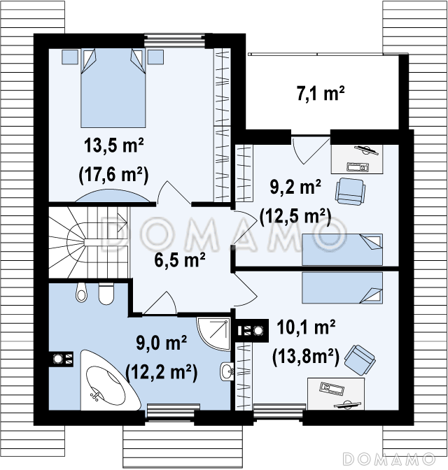Проект одноэтажного мансардного дома современного дизайна из кирпича с тремя спальнями / План мансардного этажа