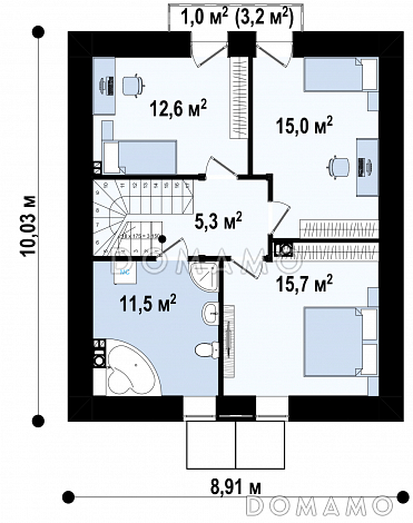 Проект загородного с отделкой фасадов кирпичом, кладовой, с террасой, балконом / План мансардного этажа